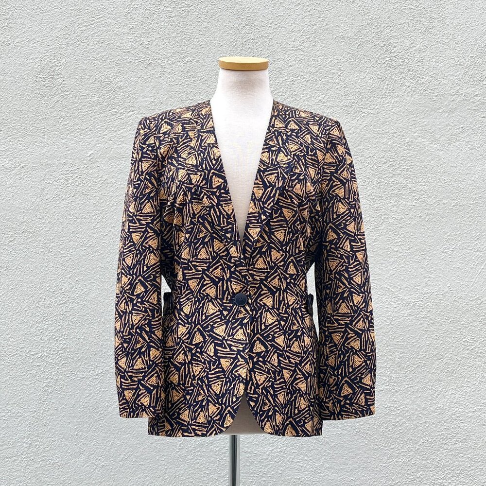 Vintage 80s Jason Prescott Blue & Gold Abstract Print Silk Blazer Jacket Size 8